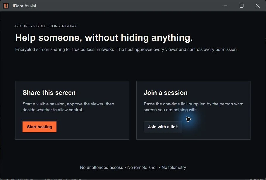 JDoor Assist 1.0.0 launcher on Windows with separate Share this screen and Join a session actions.