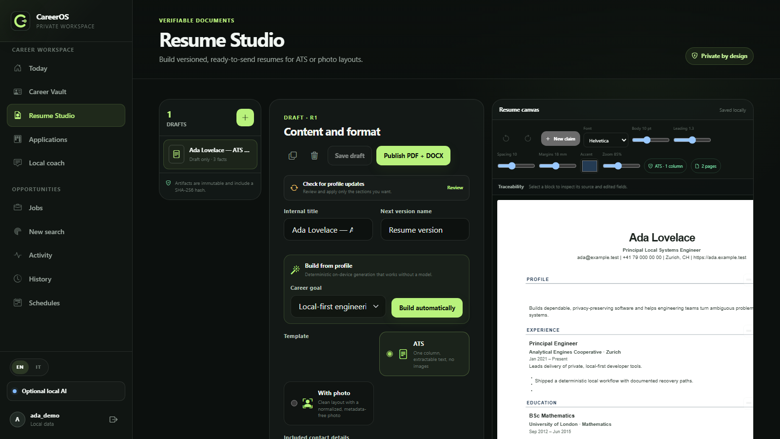 Resume Studio with fact selection and a visual resume preview