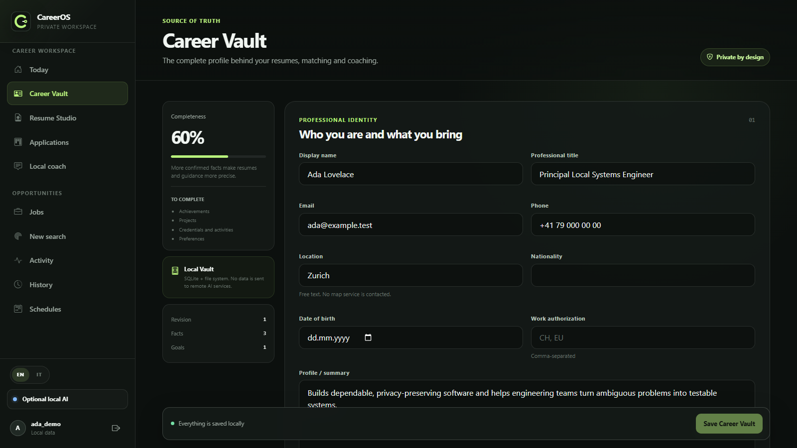 Career Vault displaying verified career facts and their evidence status
